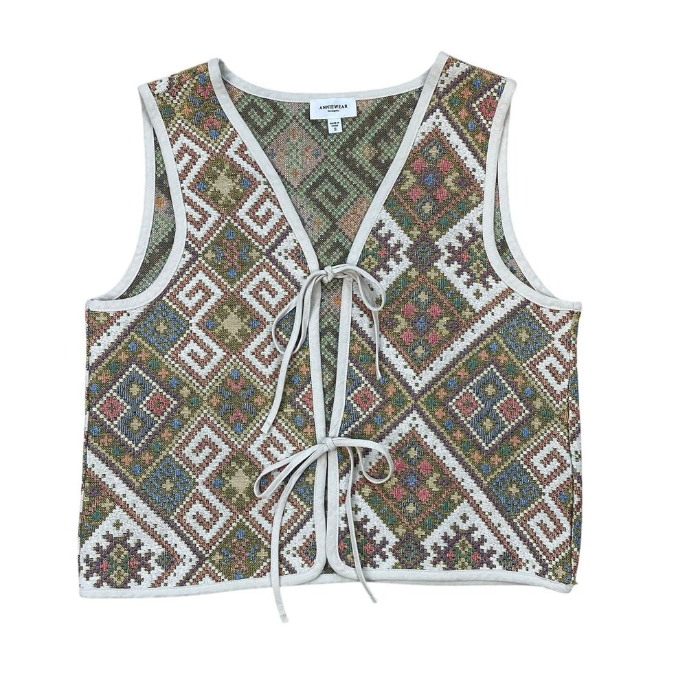 Anniewear Tapestry Vest Womens S Multicolor Tie Front Boho Geometric Cropped